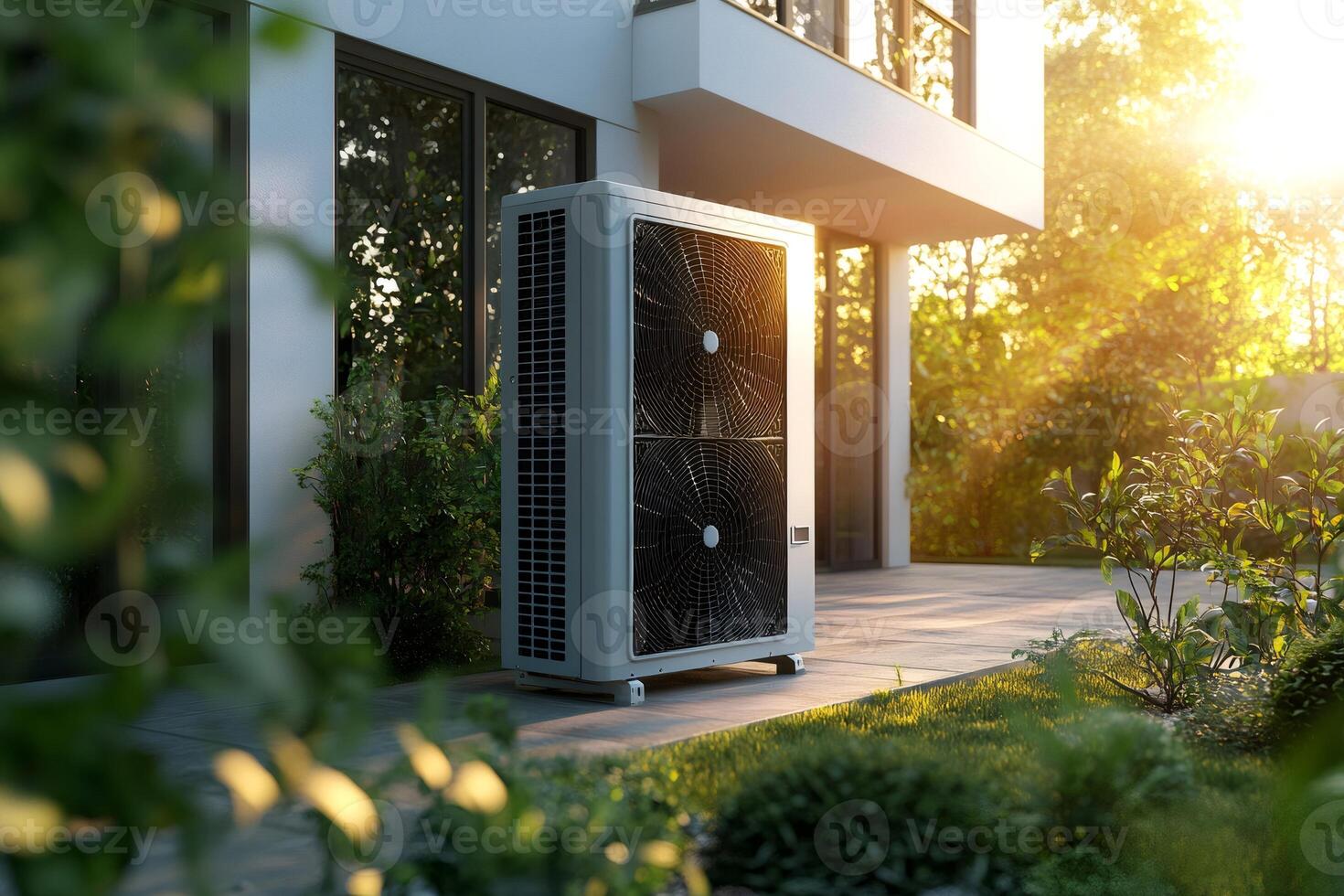 Heat pump providing sustainable climate control for modern house photo