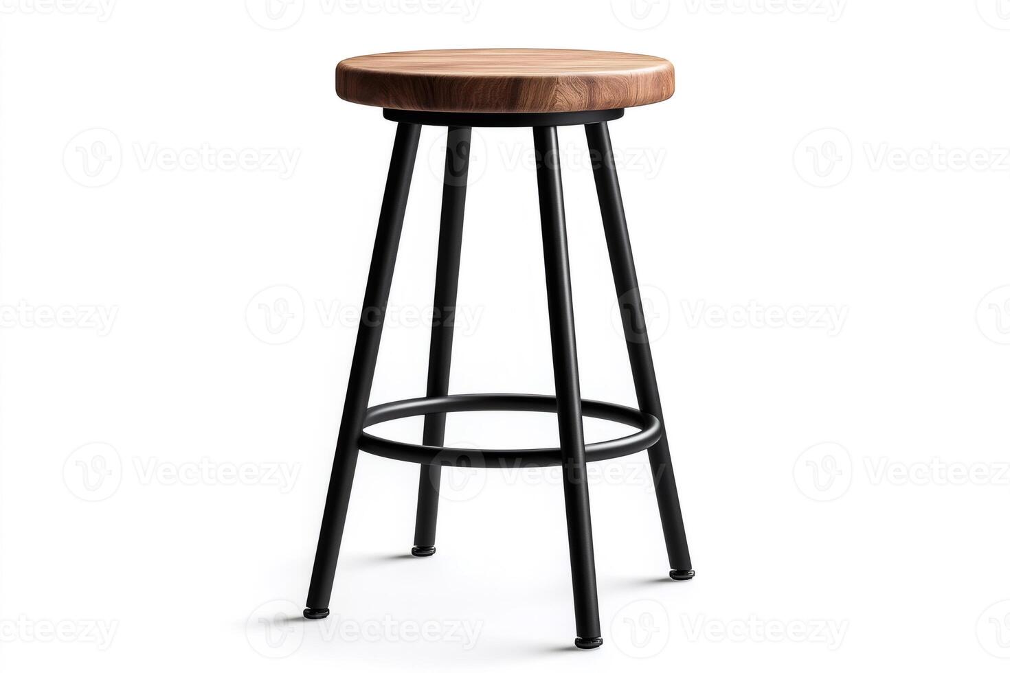 Modern bar stool with round wooden seat and black metal legs standing on white background photo