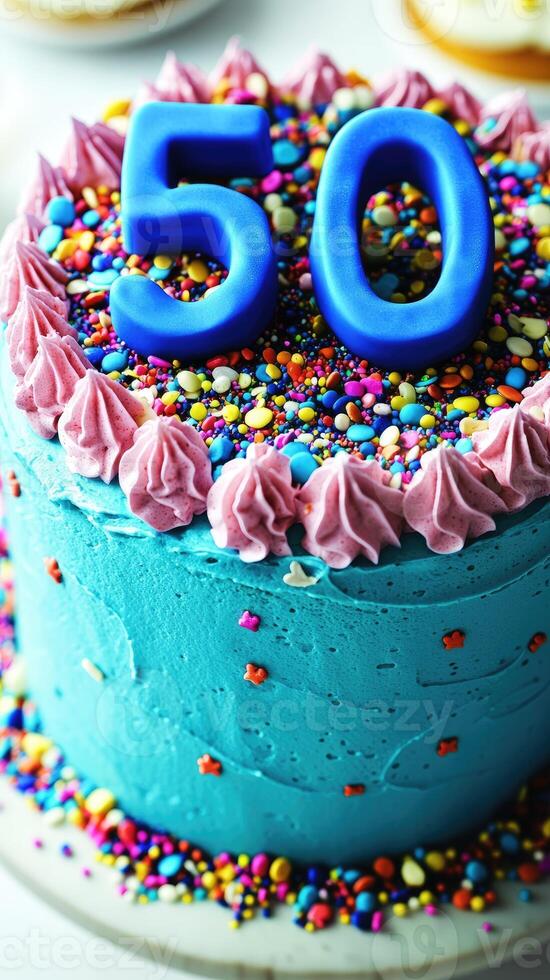 Delicious blue birthday cake celebrating a 50th anniversary photo