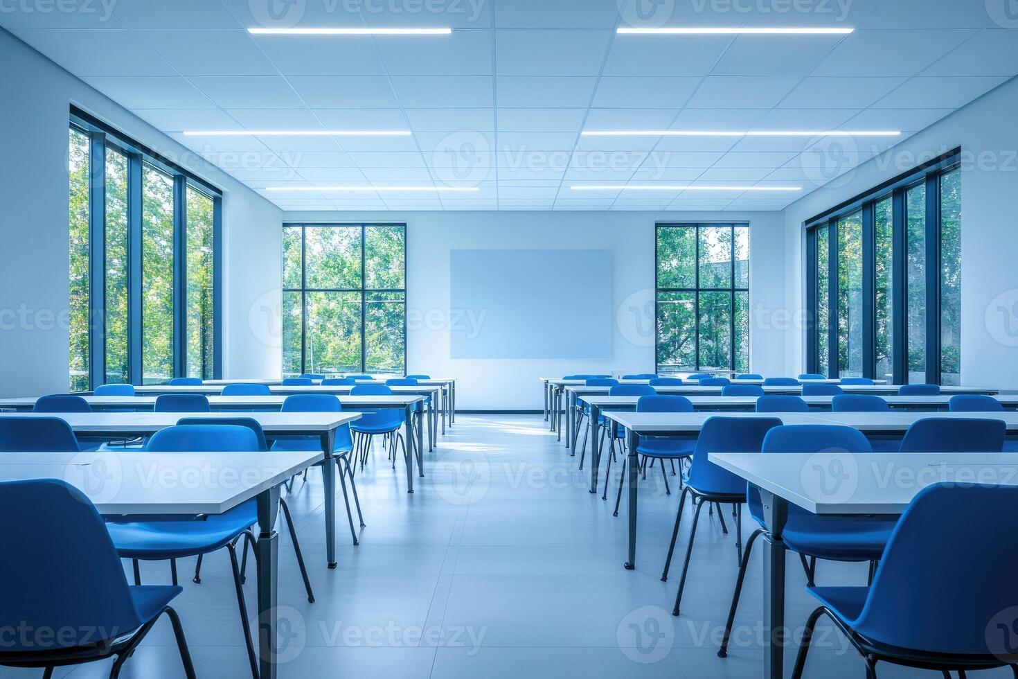 Modern canteen interior with blue chairs and white tables in a bright room photo