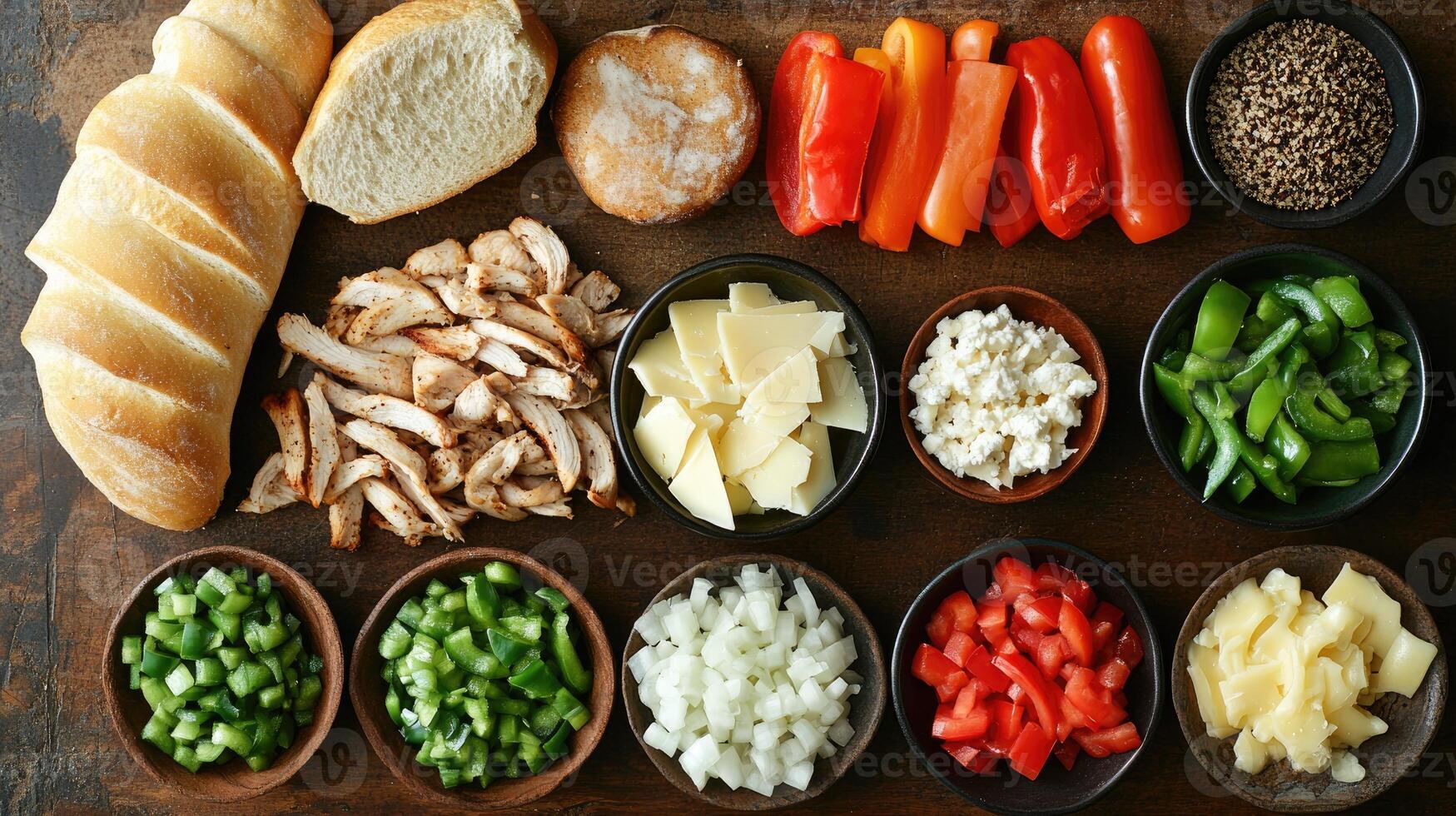 Grilled chicken, parmesan, bread and various vegetables prepared for cooking a meal photo