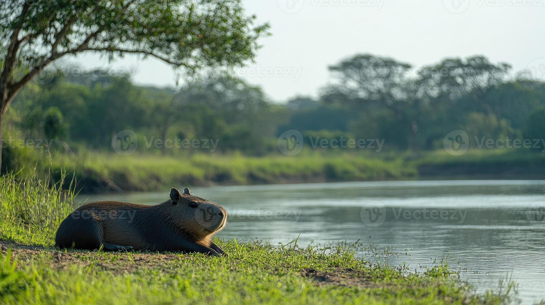 Capybara resting on riverbank in natural habitat photo