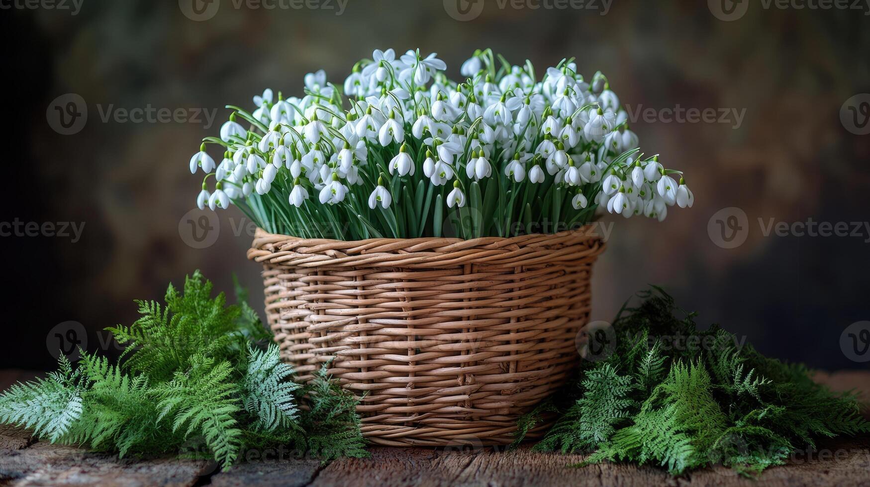 Beautiful bouquet of snowdrops in wicker basket standing near ferns on dark background photo