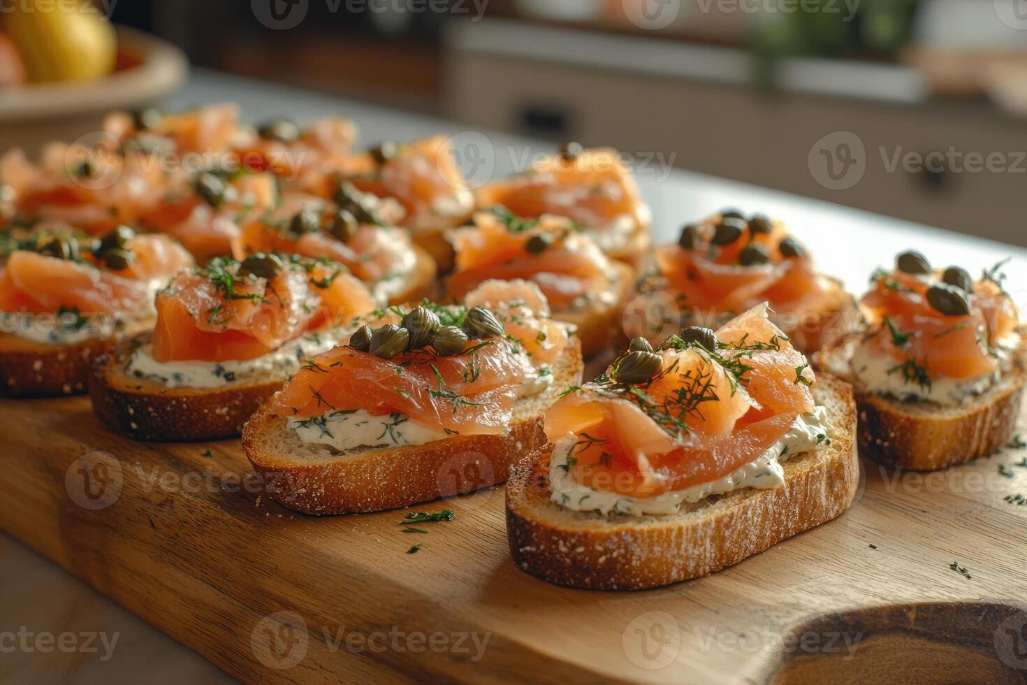 Delicious smoked salmon with cream cheese, capers, and dill on toasted baguette slices photo