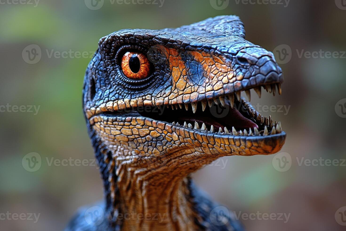 Velociraptor dinosaur roaring showing teeth and tongue in jungle photo