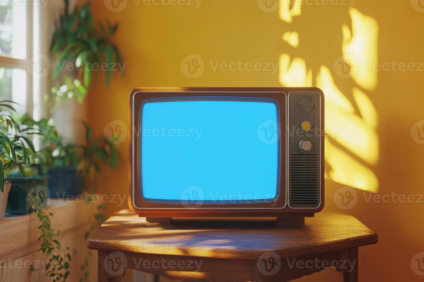 Old television displaying blue screen in retro room with plants photo