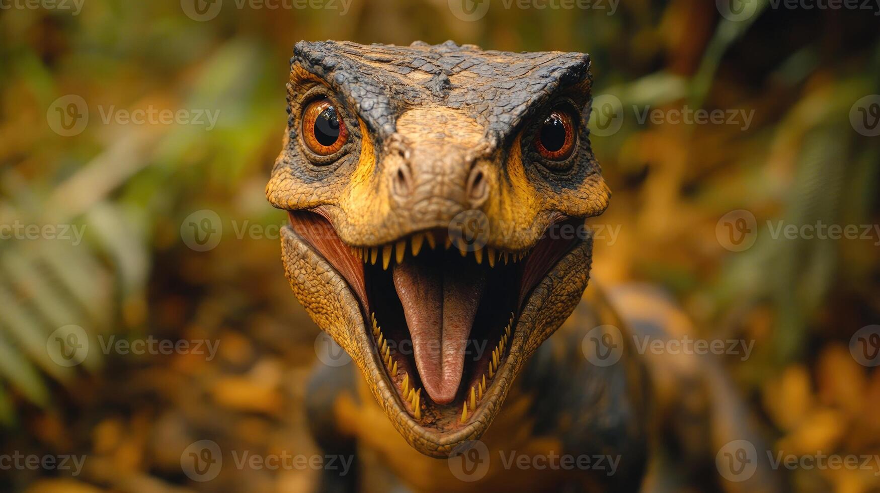 Aggressive dinosaur roaring showing teeth and tongue in lush jungle photo