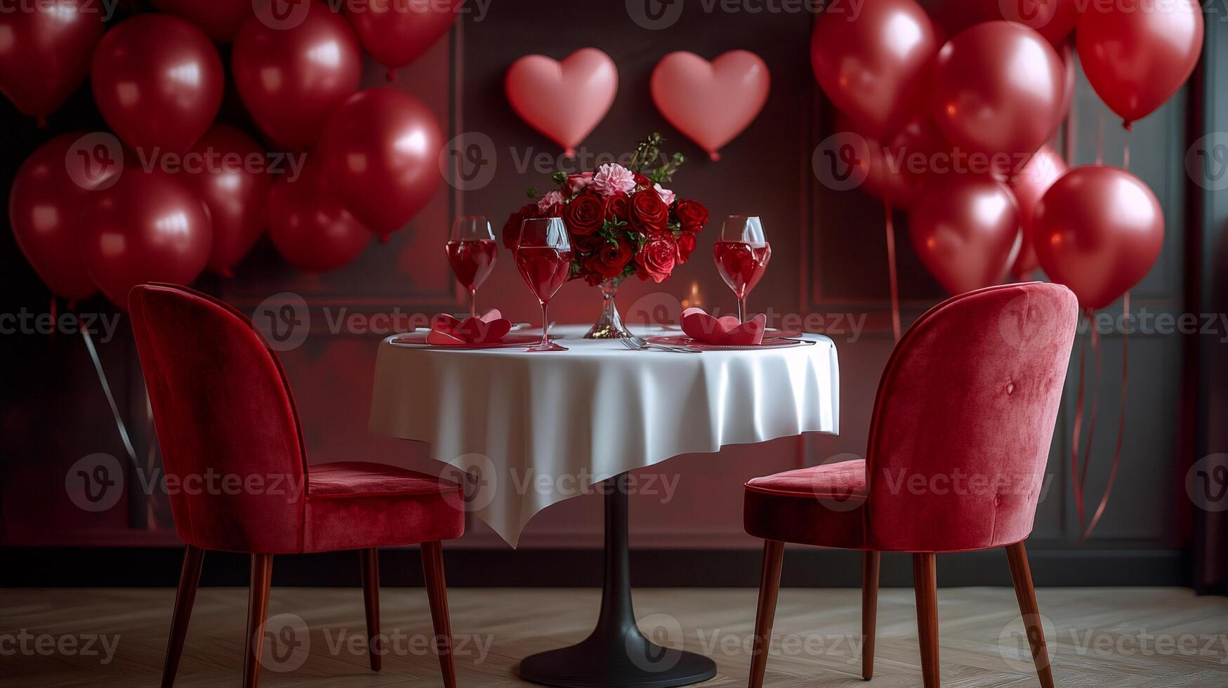 Romantic dinner table setup with red balloons and roses for valentine's day celebration photo