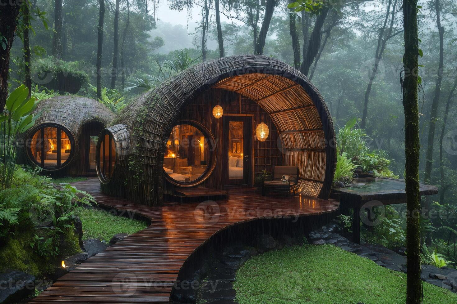 Exotic hotel bungalows providing luxurious tropical getaway experience in the rainforest photo
