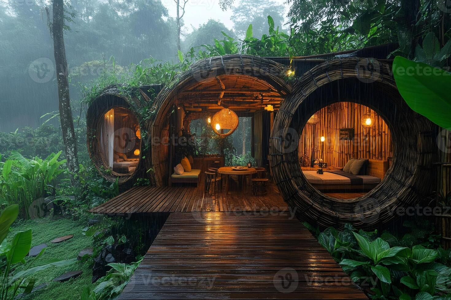 Unique bamboo house illuminated during tropical rain in green forest photo