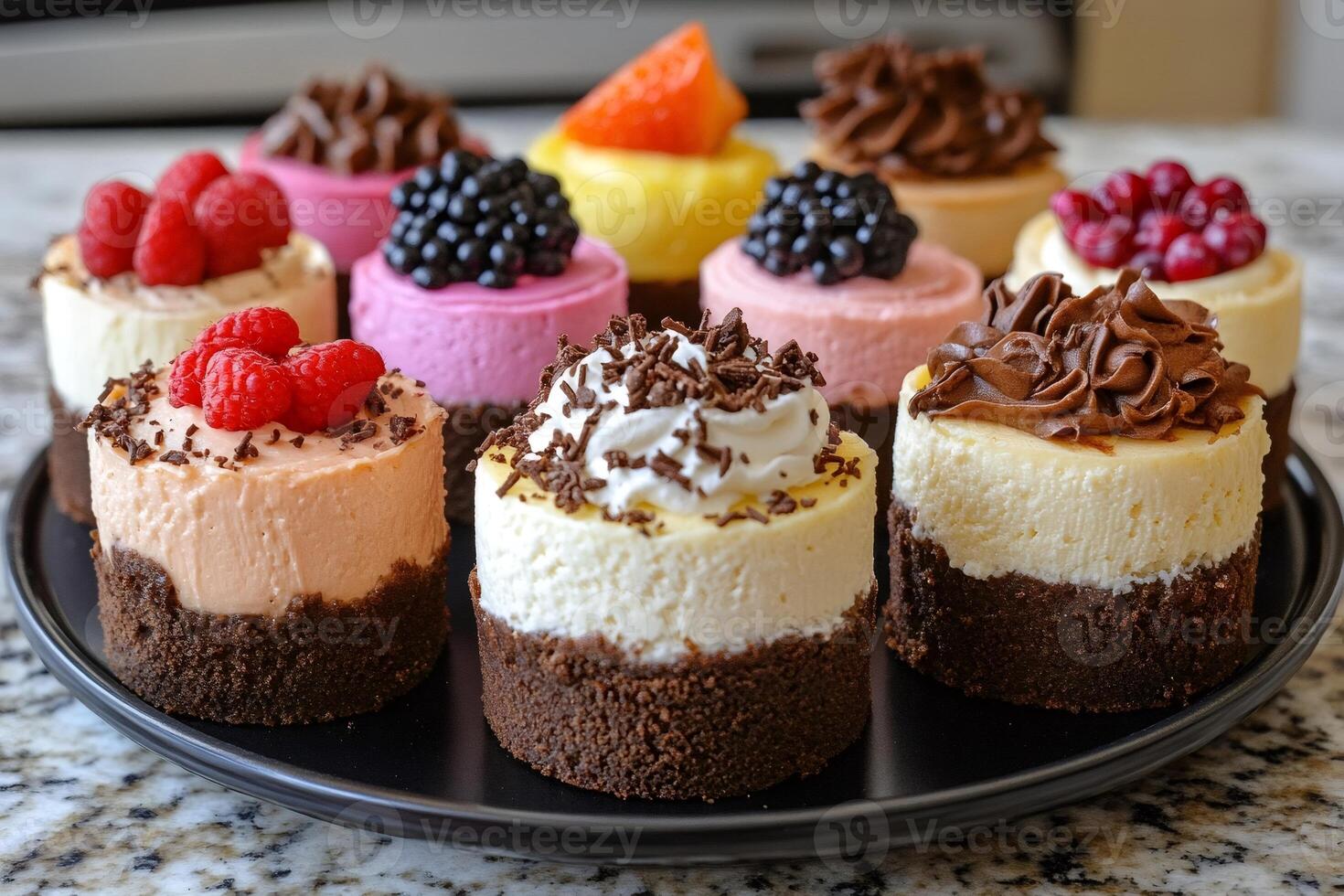 Mini cheesecakes displayed on a black plate are decorated with various toppings photo
