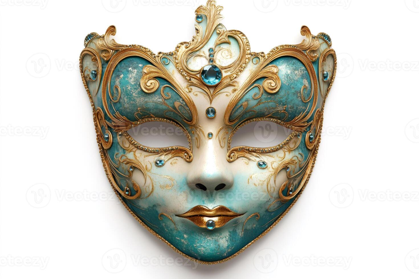 Venetian carnival mask with gold and turquoise decoration on white background photo