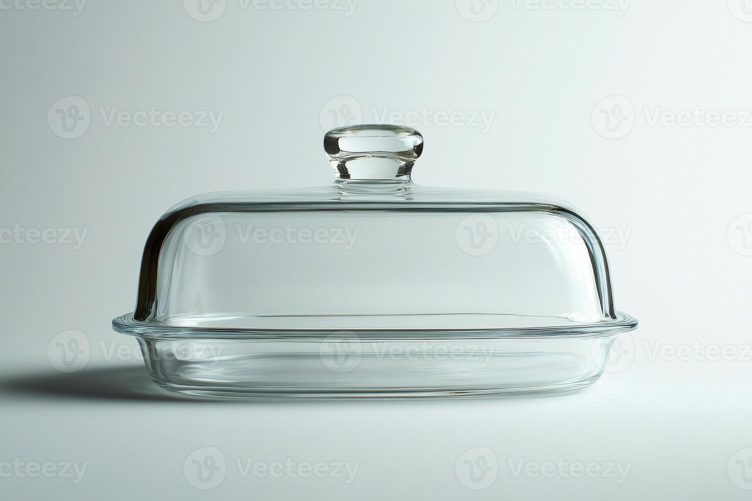 Empty glass casserole dish with lid on white background photo