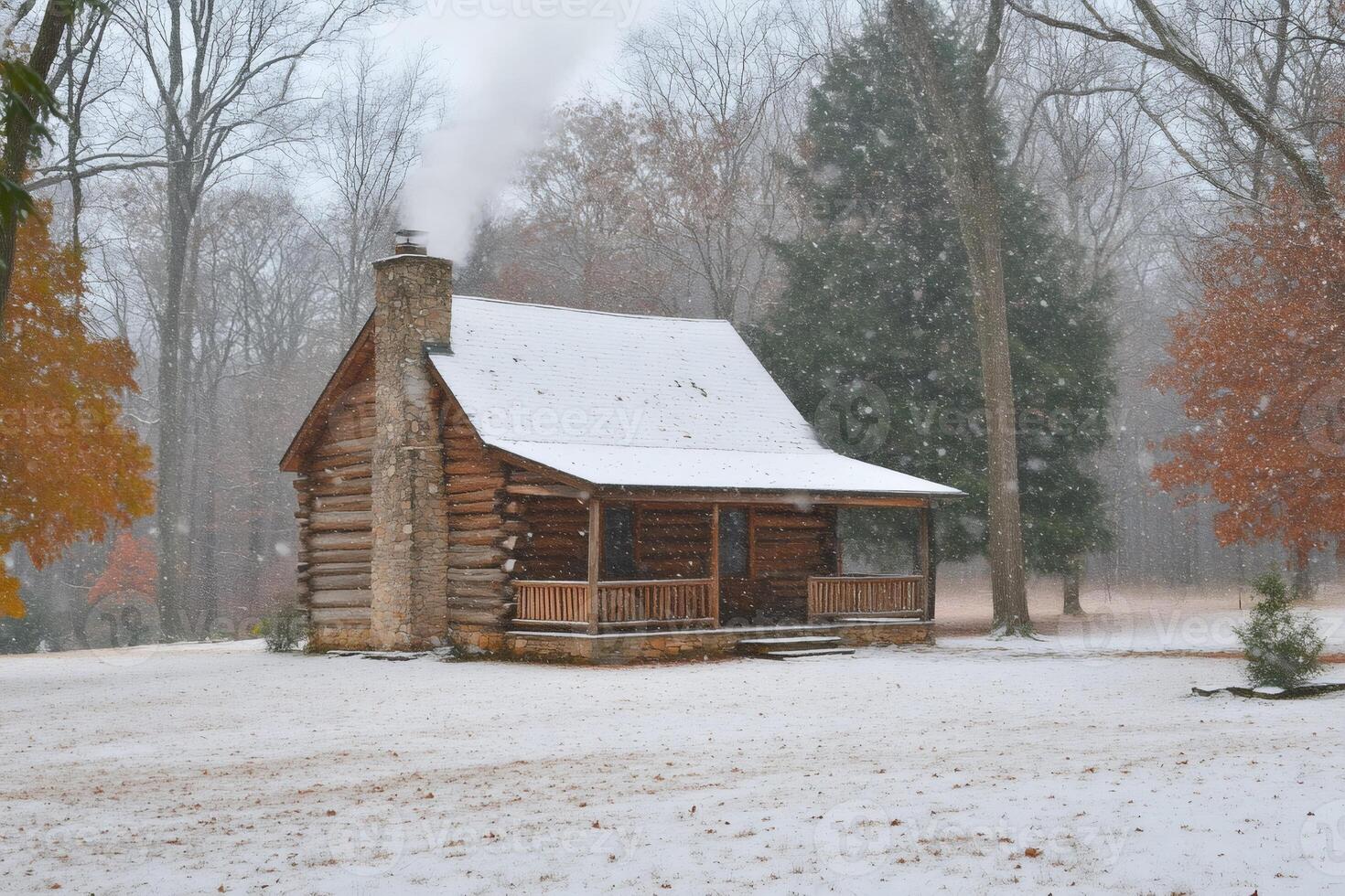 Smoke rising from chimney of log cabin during first snowfall in autumn photo