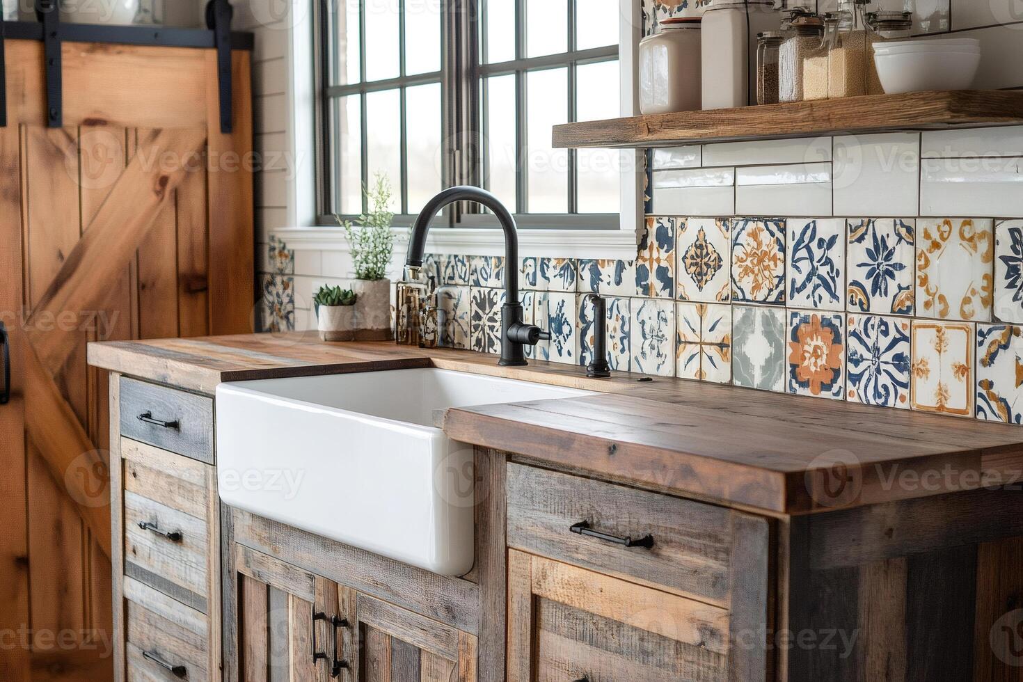 Modern farmhouse kitchen showing reclaimed wood and decorative tile backsplash photo