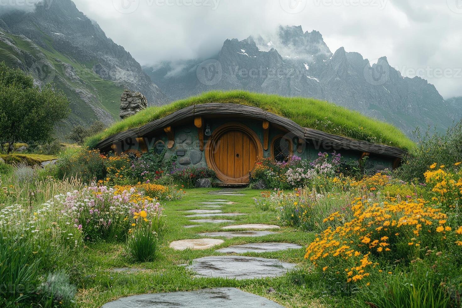 Cozy hobbit house nestled in a blooming mountain valley at sunrise photo