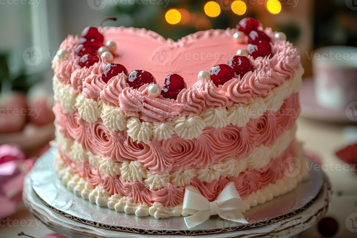Heart-shaped cake decorated with pink and white cream and cherries celebrating valentine's day photo