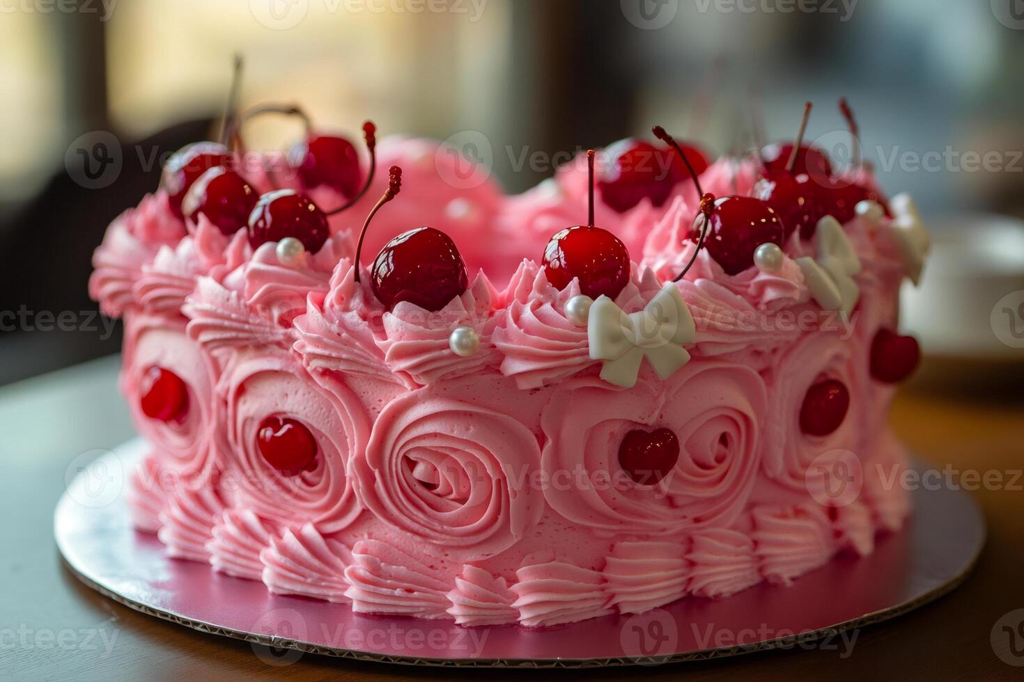 Delicious pink cake decorated with cherries and icing roses for birthday celebration photo