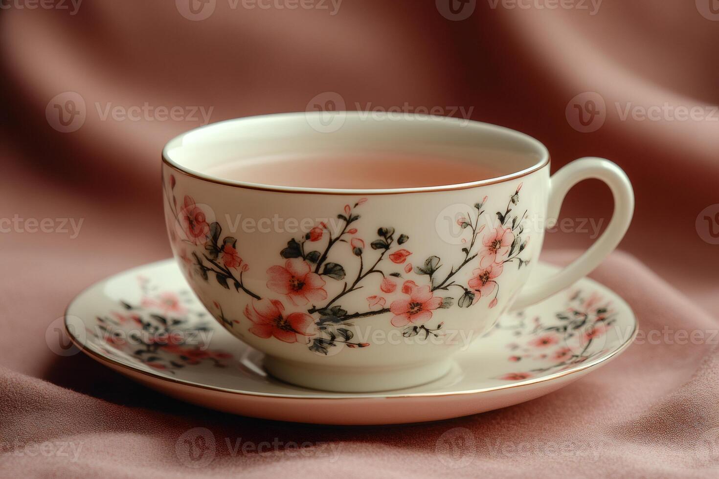 Floral teacup filled with pink herbal tea on a dusty rose background photo