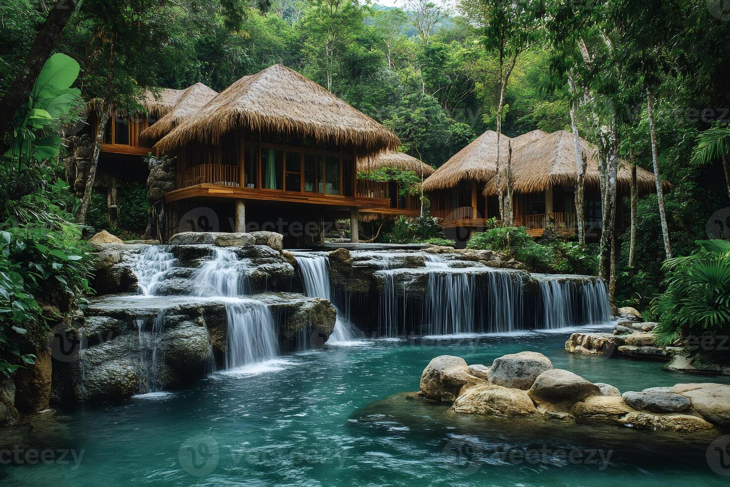 Luxurious bungalows overlooking cascading waterfall in tropical rainforest paradise photo