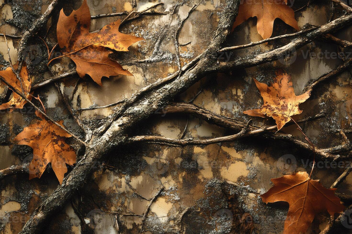 Camouflage pattern showing branches and autumnal leaves photo