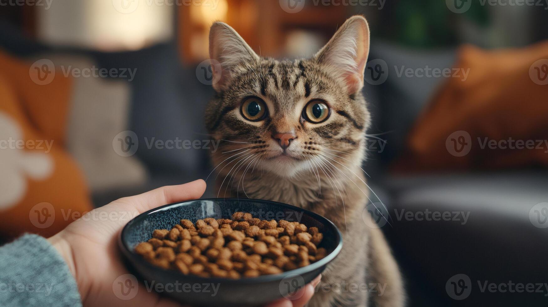 Cute tabby cat waiting for food in a bowl photo