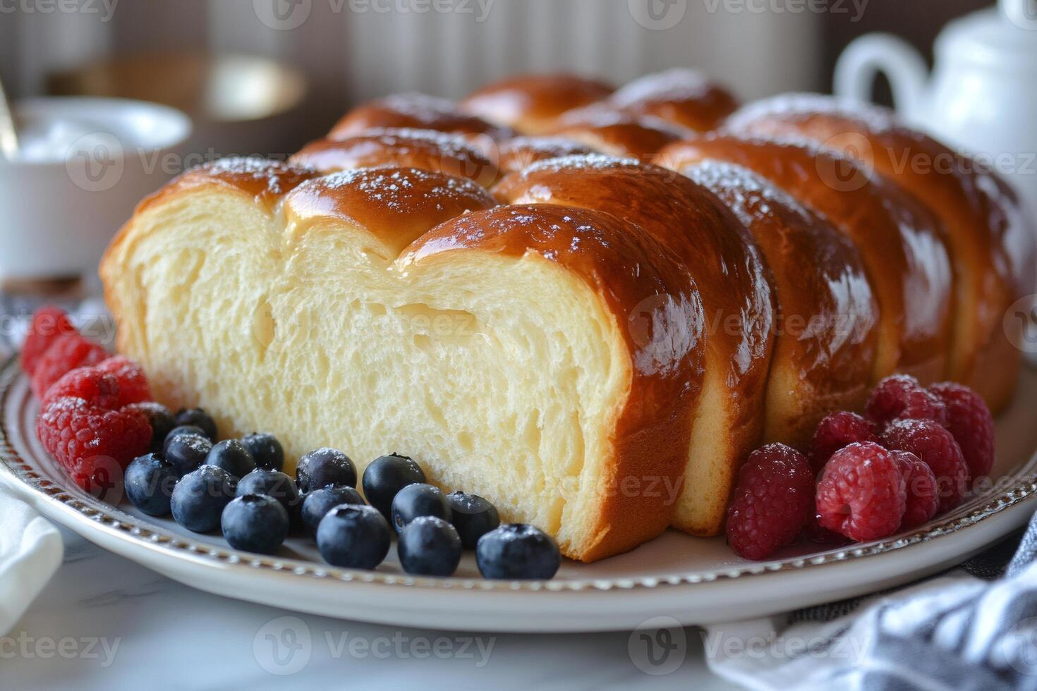 Delicious homemade challah bread loaf showing soft inside with raspberries and blueberries photo