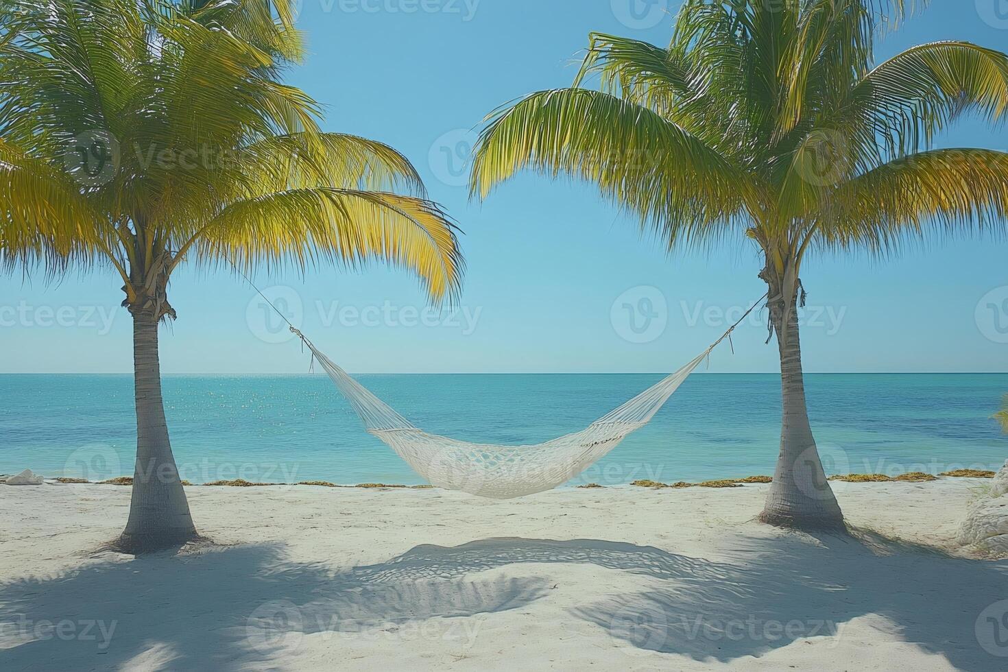 White hammock hanging between two palm trees on tropical beach photo