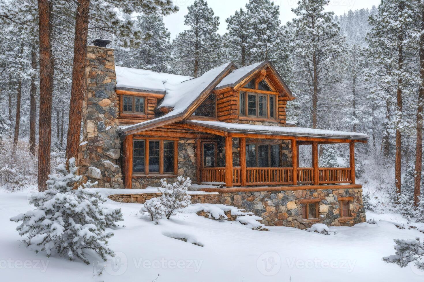 Beautiful log cabin nestled in snowy woods during winter snowfall photo