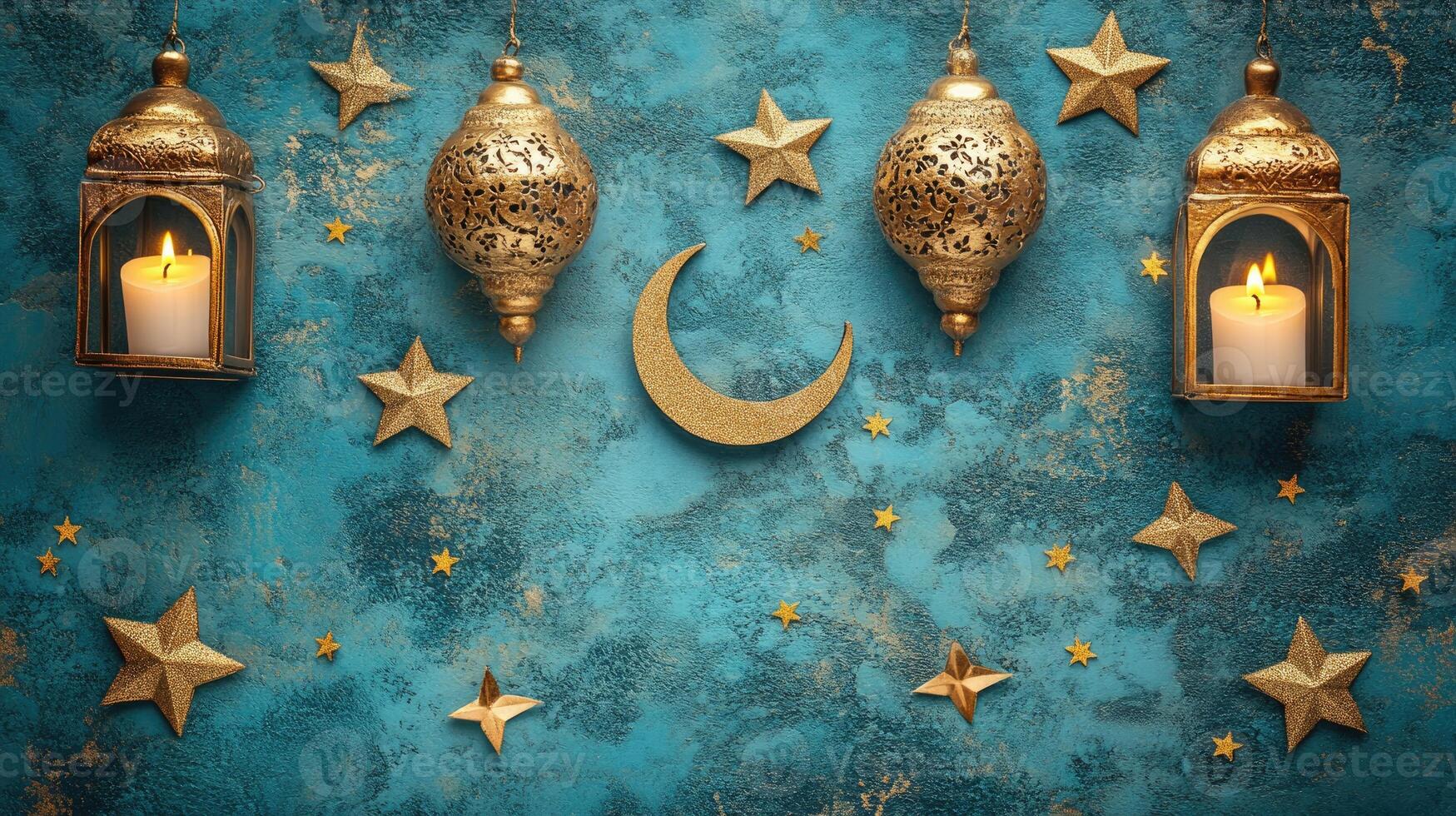 Golden festive lanterns and candles glowing under crescent moon and stars photo
