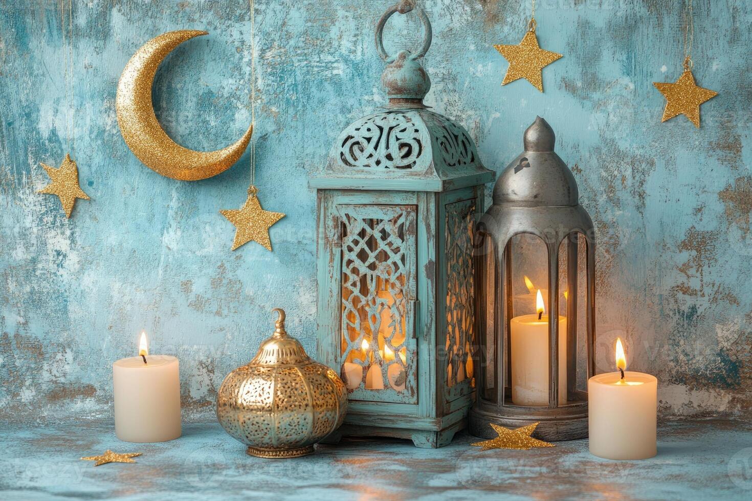 Islamic lanterns, crescent moon and stars creating festive atmosphere photo