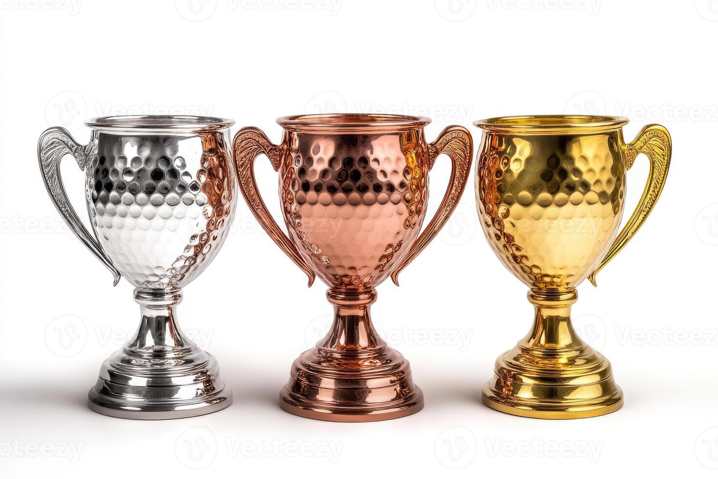 Gold, silver and bronze trophy cups representing winning places photo