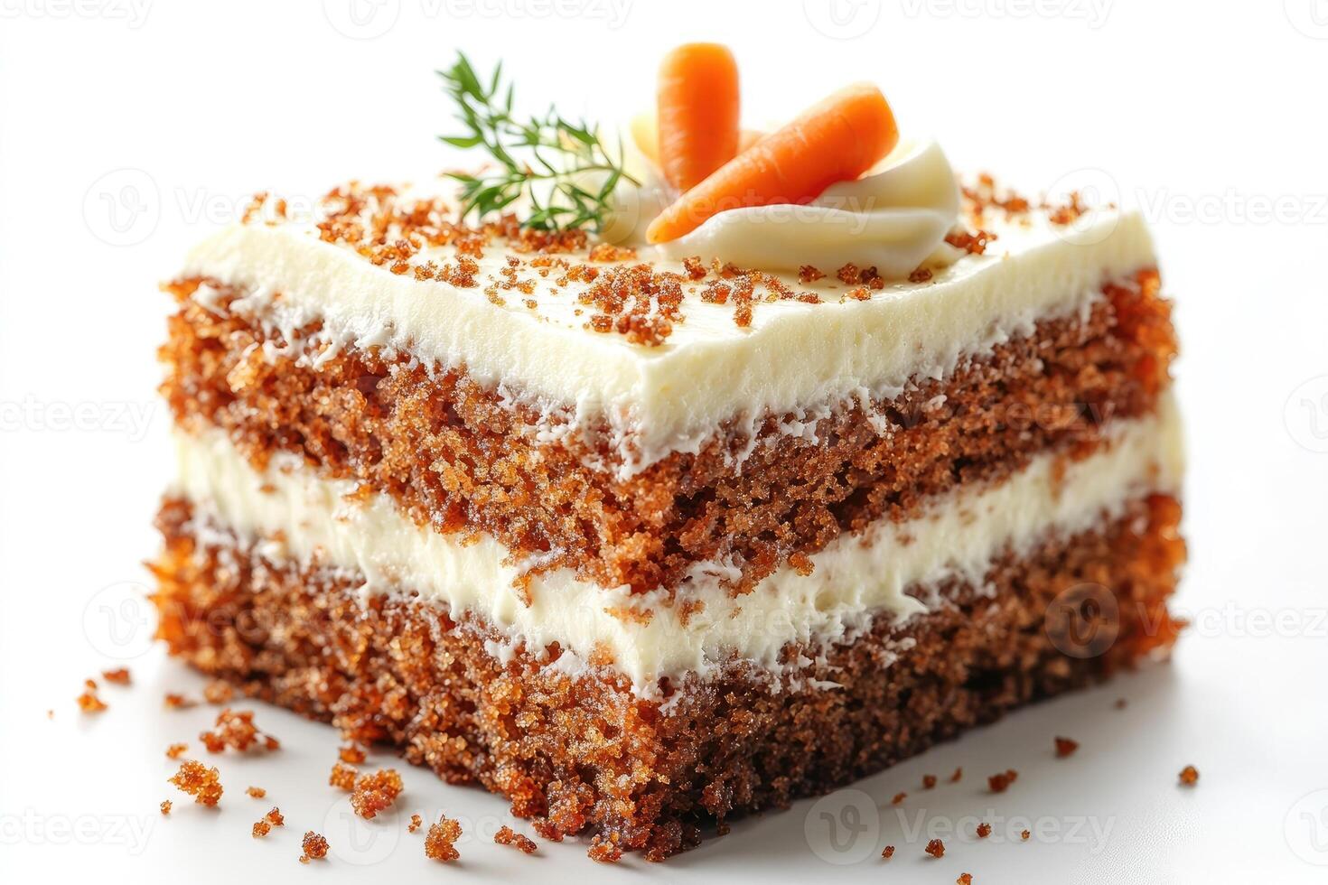 Delicious slice of carrot cake decorated with marzipan carrots and cream cheese frosting photo
