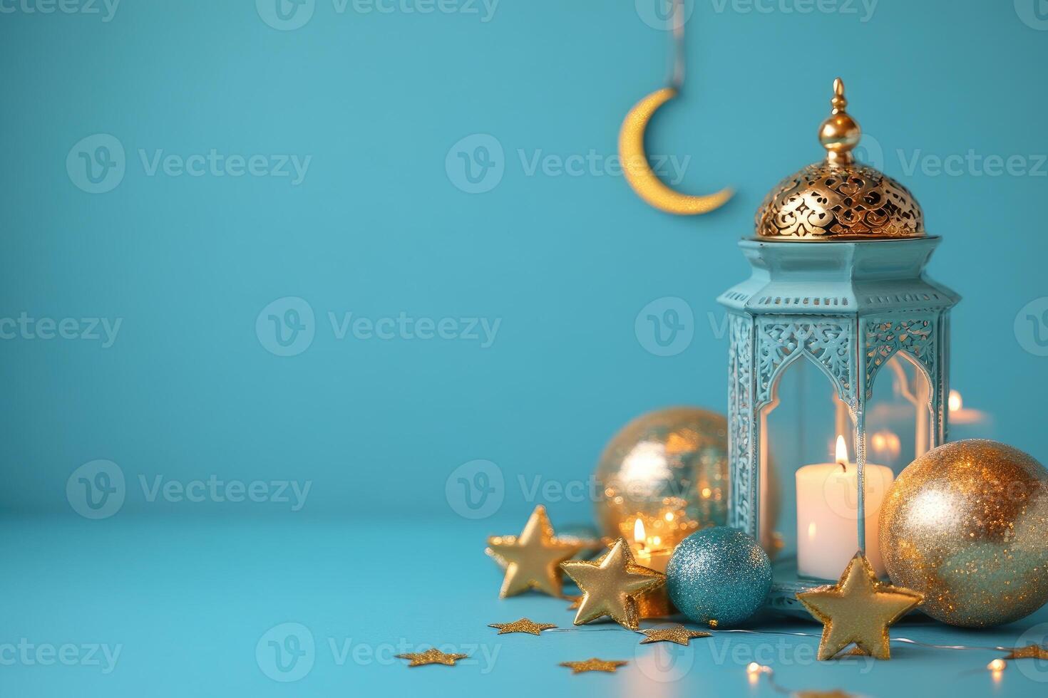 Islamic lanterns, crescent moon and stars creating festive atmosphere photo