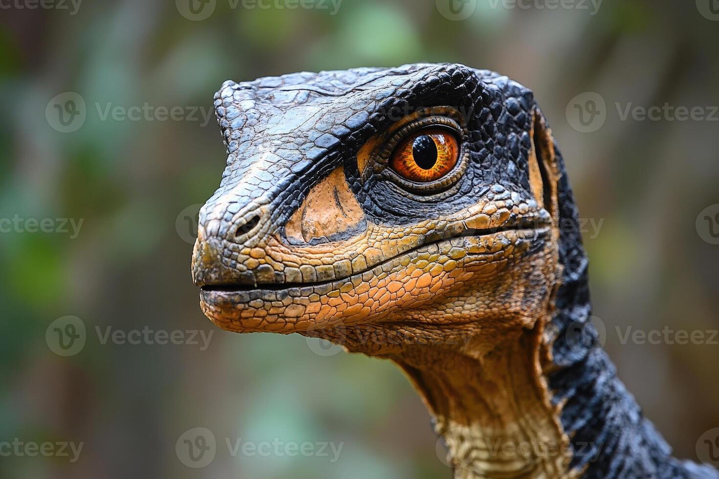 Velociraptor dinosaur roaring showing teeth and tongue in jungle photo