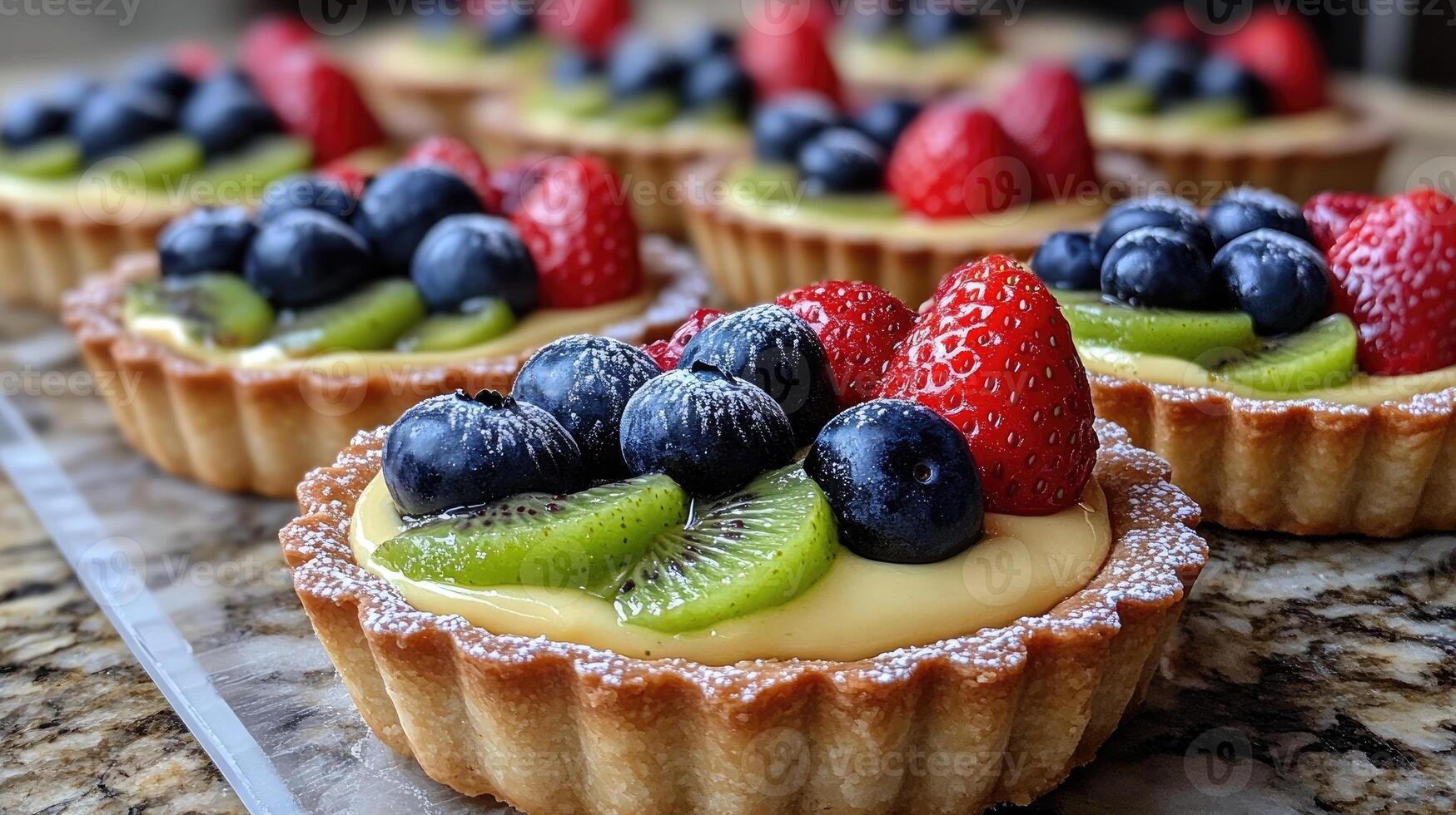 Delicious fruit tarts displayed on marble surface freshly baked and ready to eat photo
