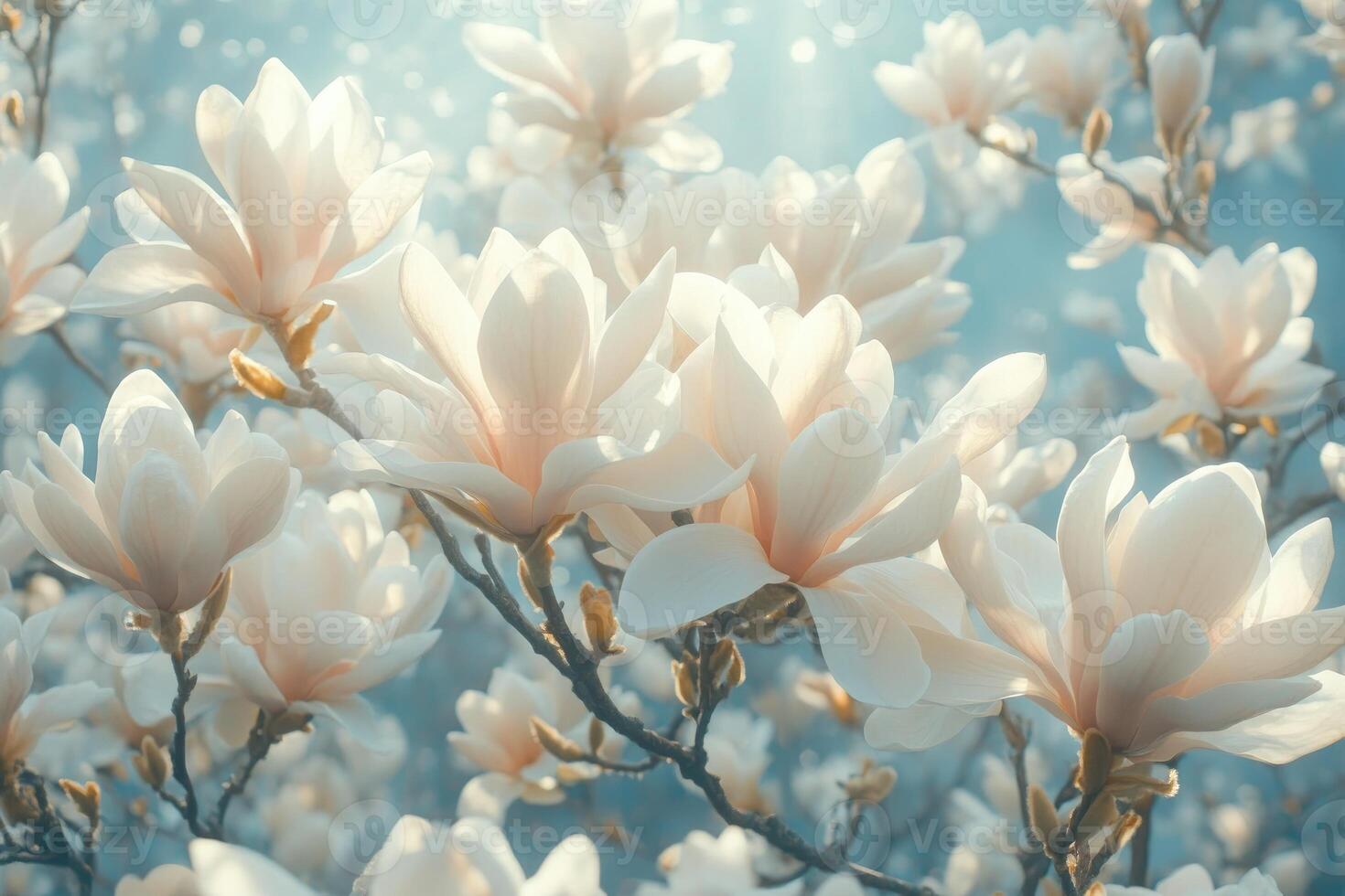 White magnolia flowers blooming under sunlight on blue sky photo