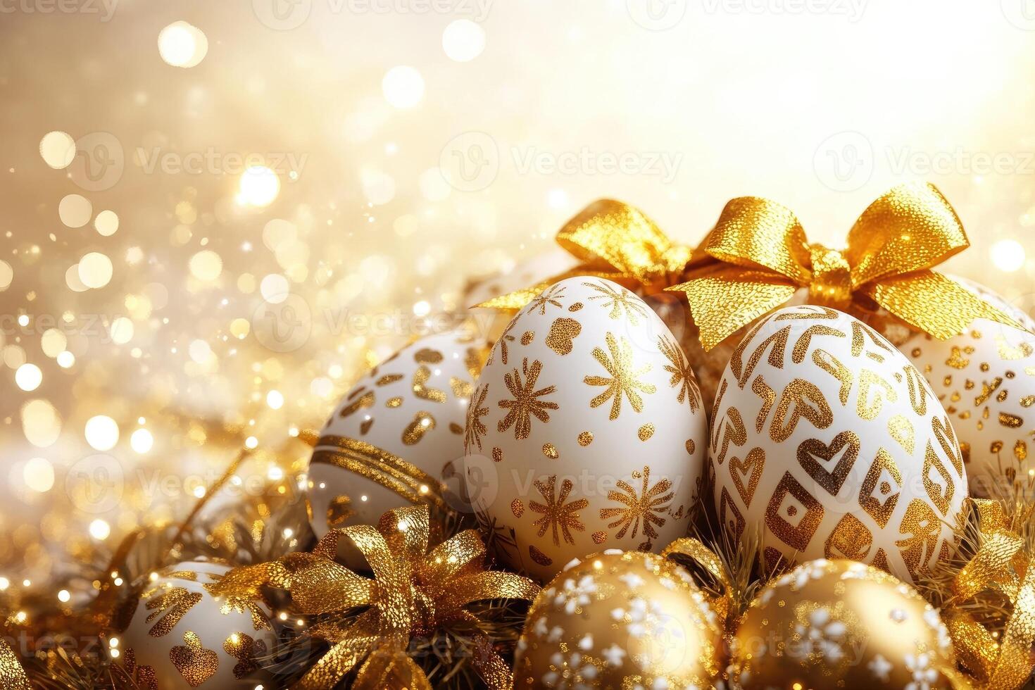 Easter eggs decorated with gold and white patterns and golden ribbon bows on sparkling background photo