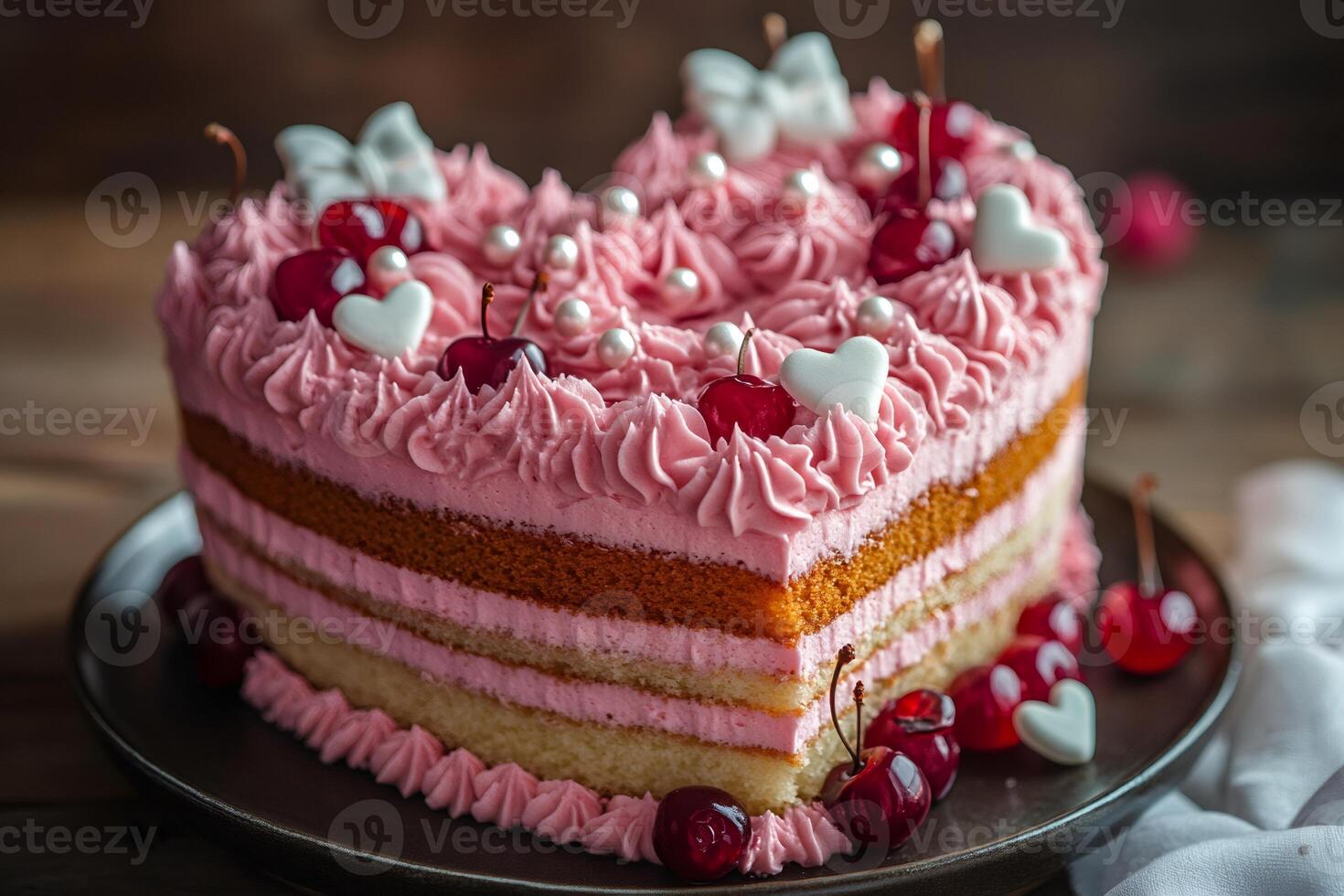Heart-shaped cake decorated with cherries, cream and white chocolate hearts for valentine's day photo