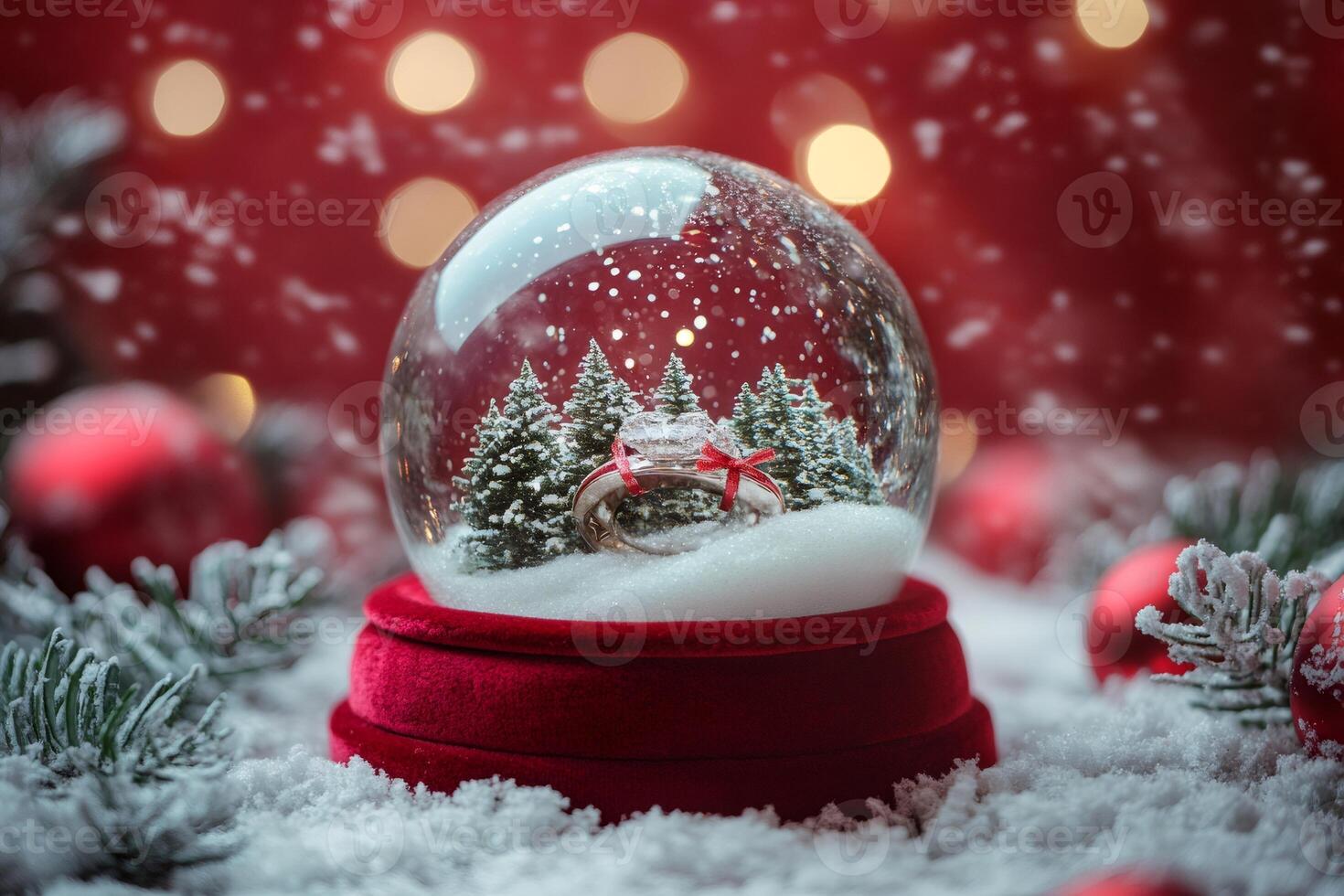 Wedding rings in snow globe during christmas holiday season with falling snowflakes photo