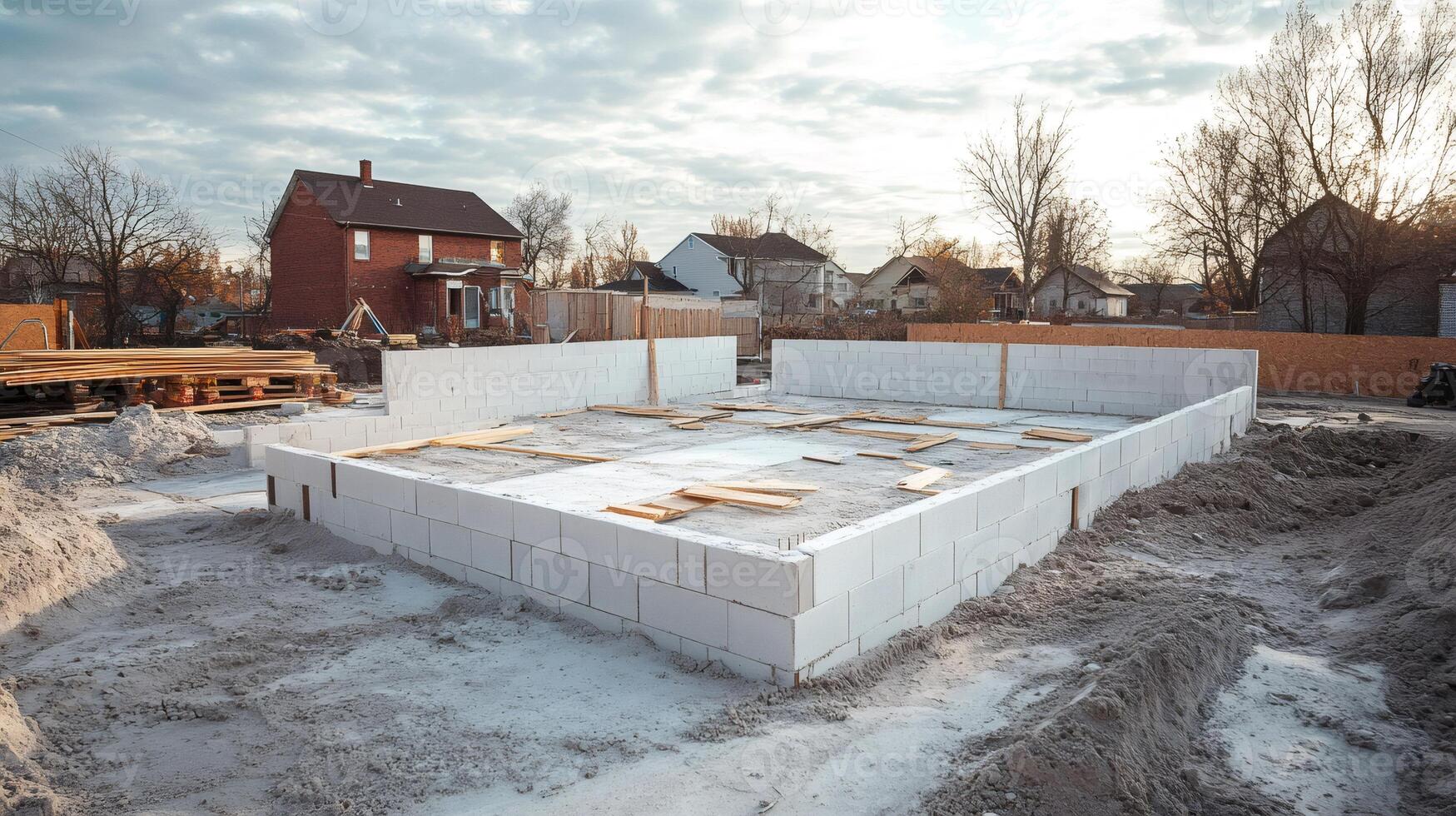 Construction site shows foundation walls being built with concrete blocks photo