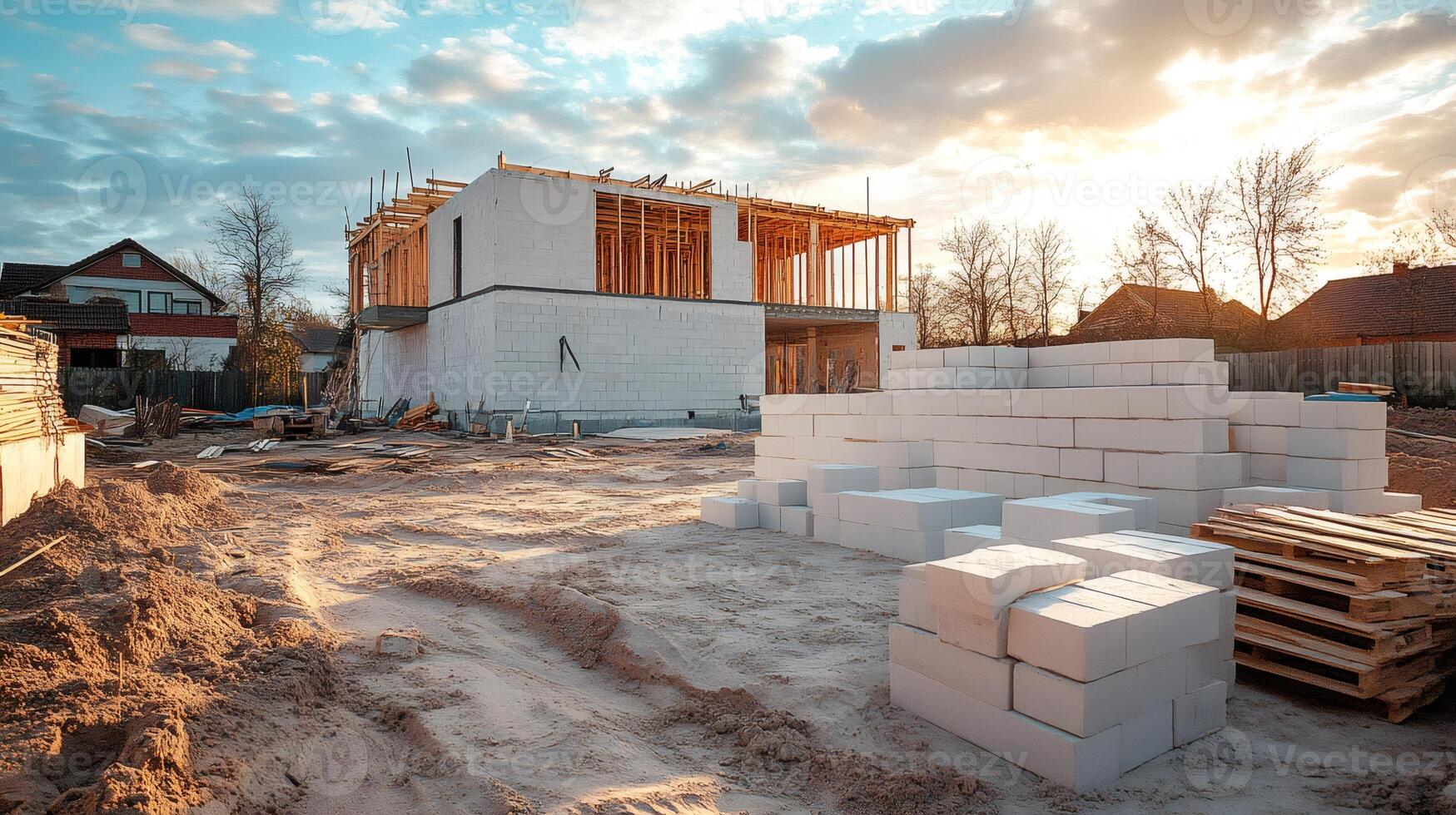 Construction site with unfinished building and aerated concrete blocks at sunset photo