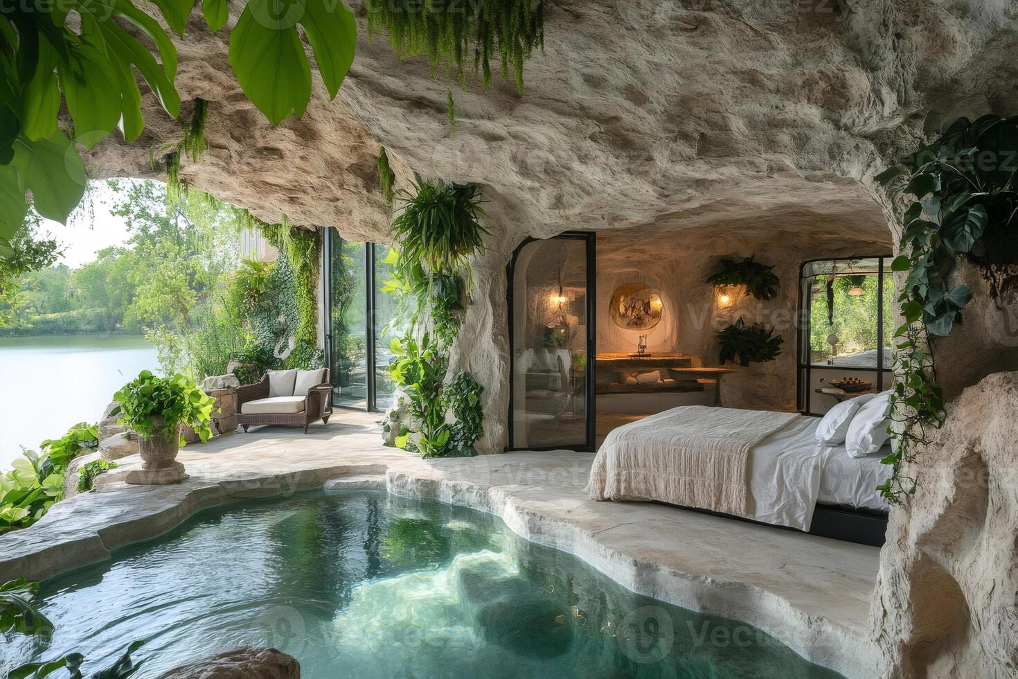 Luxurious cave hotel room overlooking tranquil lake with private pool photo