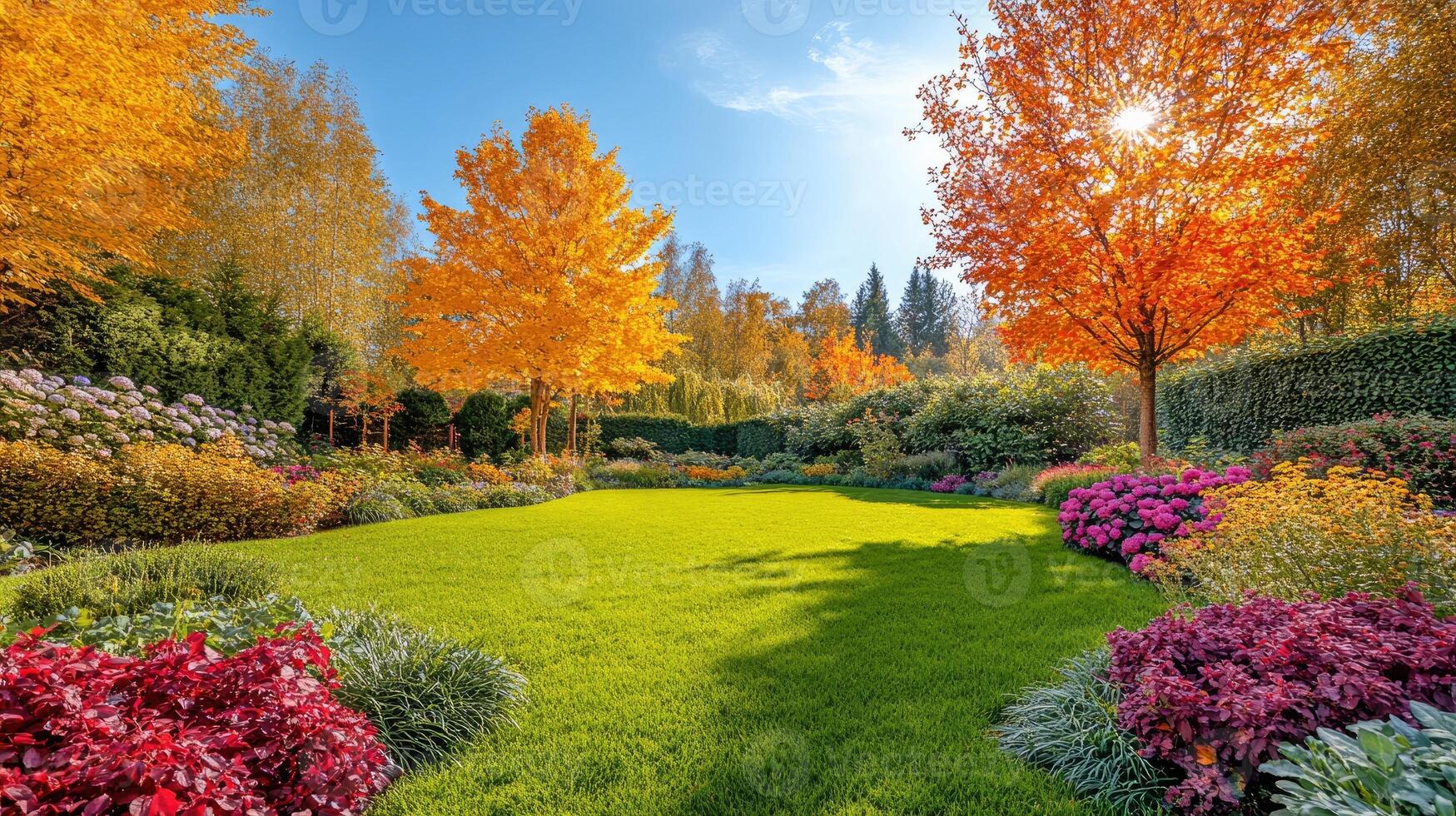 Beautiful autumn garden with colorful trees and lush green grass shining in sunlight photo