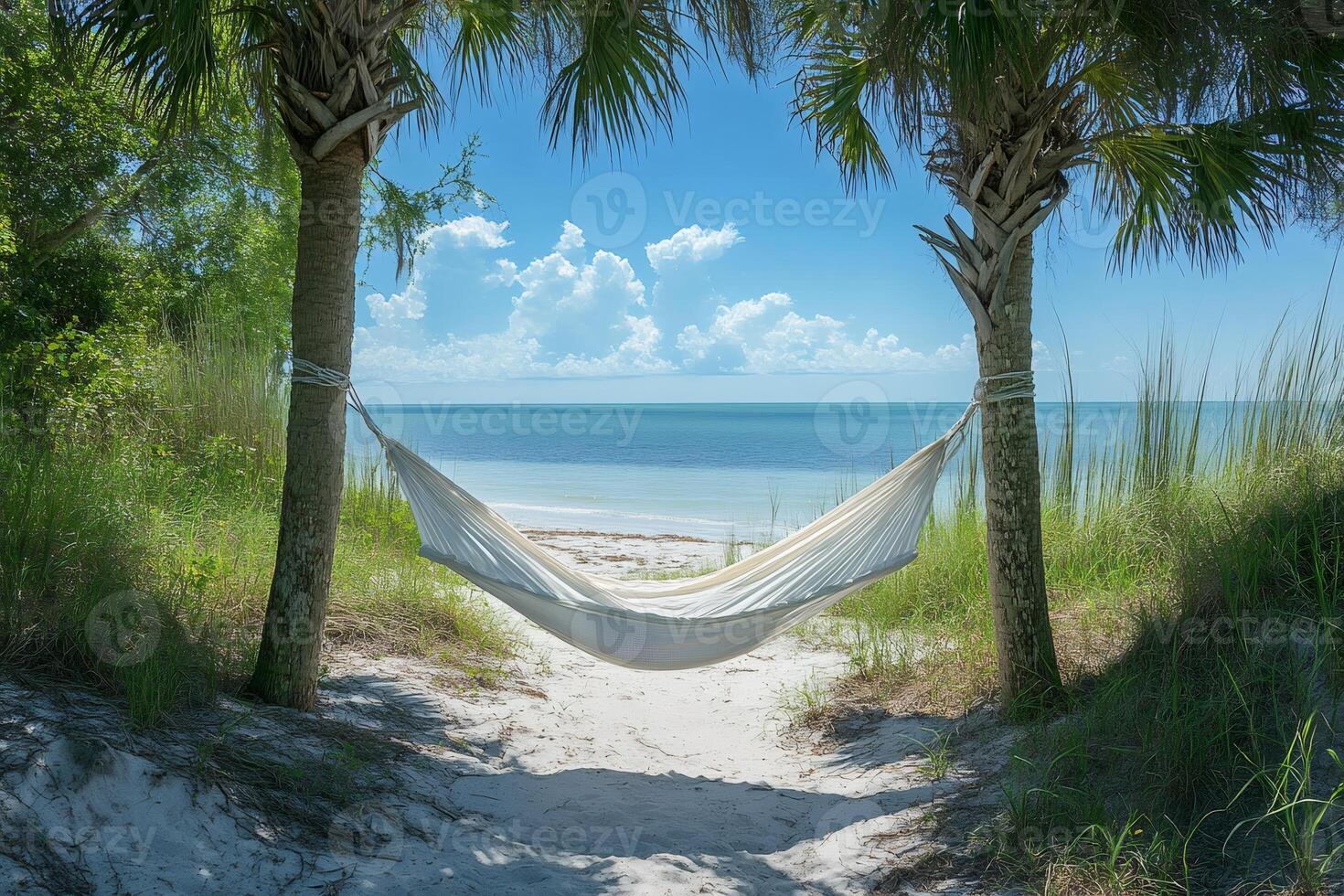 White hammock hanging between two palm trees on tropical beach photo