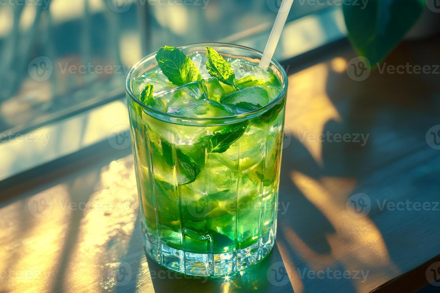 Green mojito cocktail with ice, mint and straw near window on sunny day photo