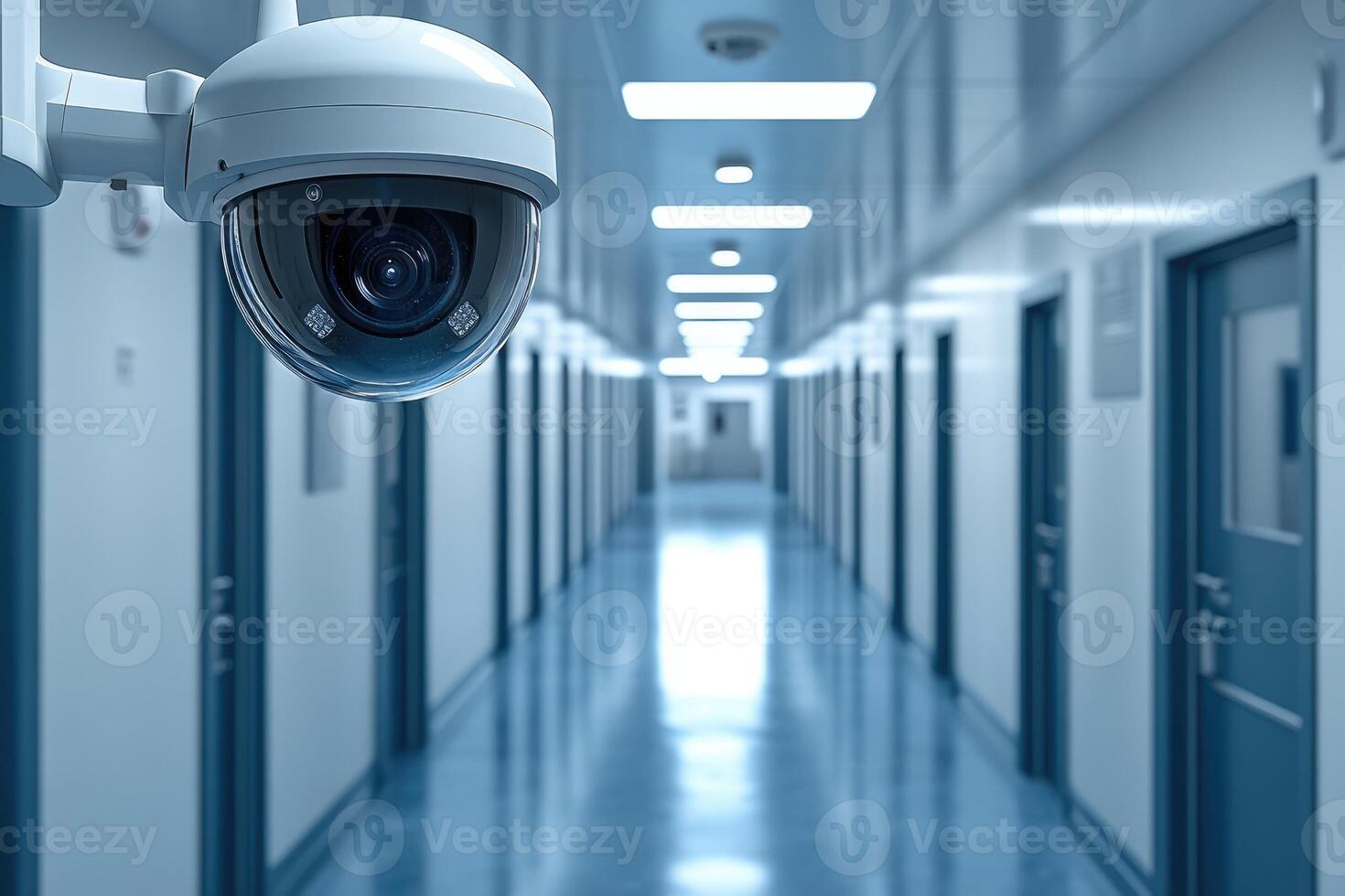 Security camera monitoring long hospital corridor for safety and privacy photo