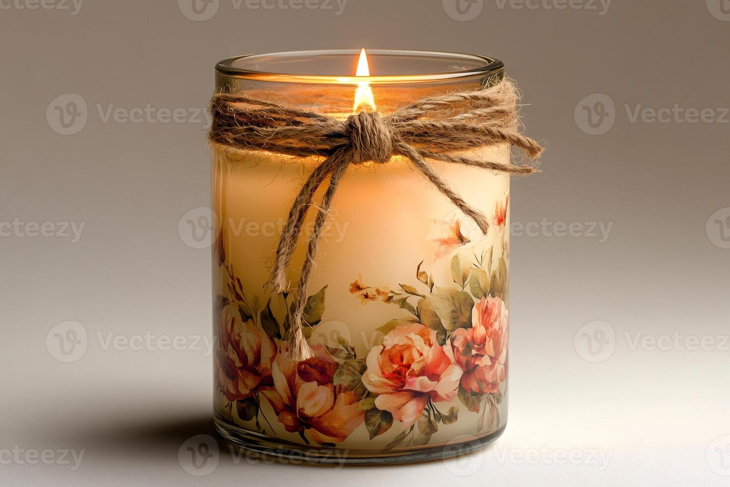 Burning candle wrapped with rustic twine and decorated with roses photo