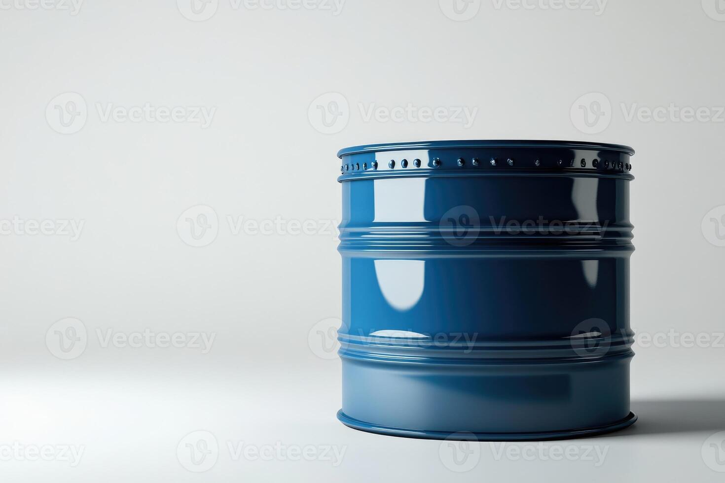 Shiny blue metal barrel standing on white background photo