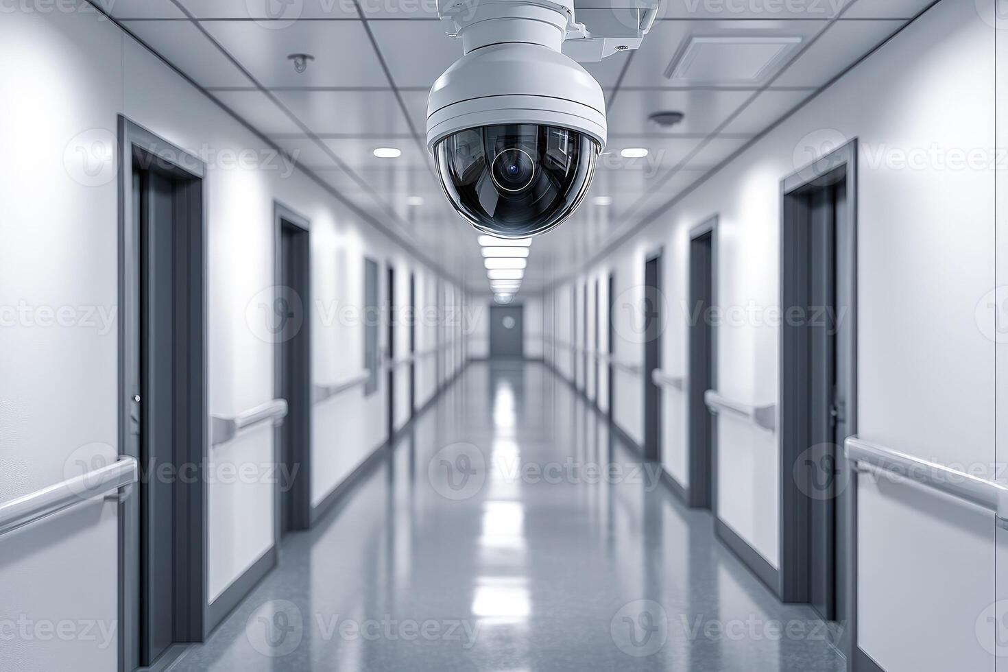 Security camera monitoring long white corridor with doors photo